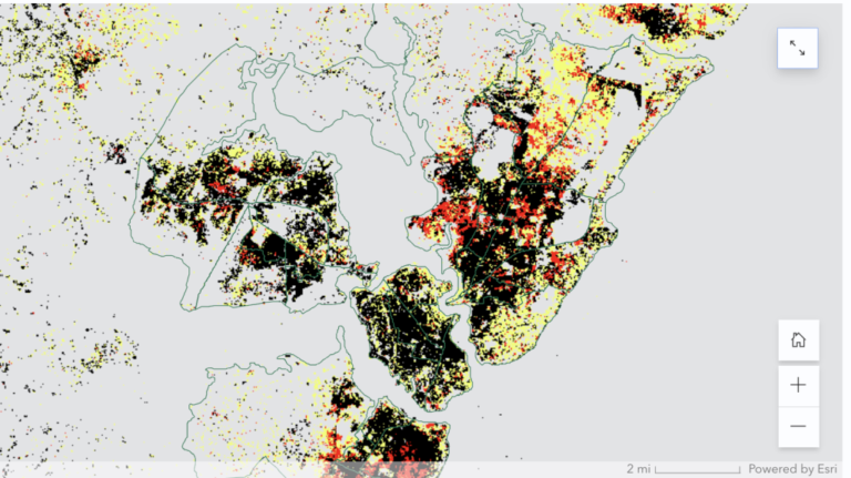 Mombasa geospatial Built-Up Areas in 1990 (black), 2000 (yellow), and 2010 (red) were used to calculate SDG 11.3.1. in Mombasa, Kenya. (Map by Anela Layugan, GIS Analyst and Developer, SDGs Today.)