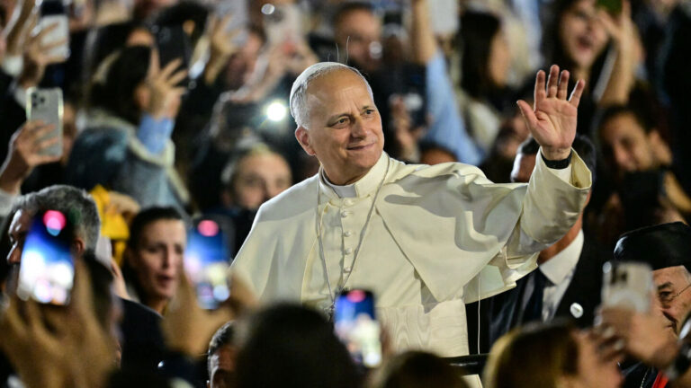 Pope Leo XIV waves to a crowd of youths upon his arrival at the Maronite Patriarchate in Bkerke, north of the capital Beirut, on Dec. 1, 2025. — Giuseppe CACACE / AFP via Getty Image